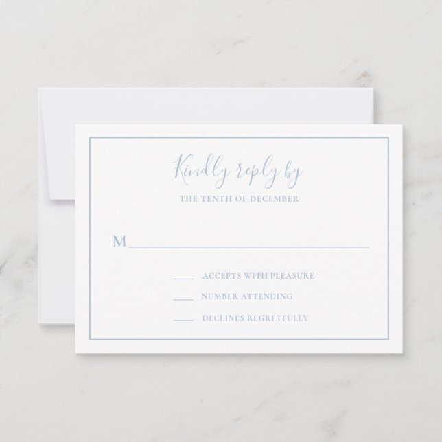 Traditional Dusty Blue Elegant Wedding RSVP Card (Front)