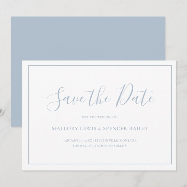 Traditional Dusty Blue Elegant Wedding Save The Date (Front/Back)