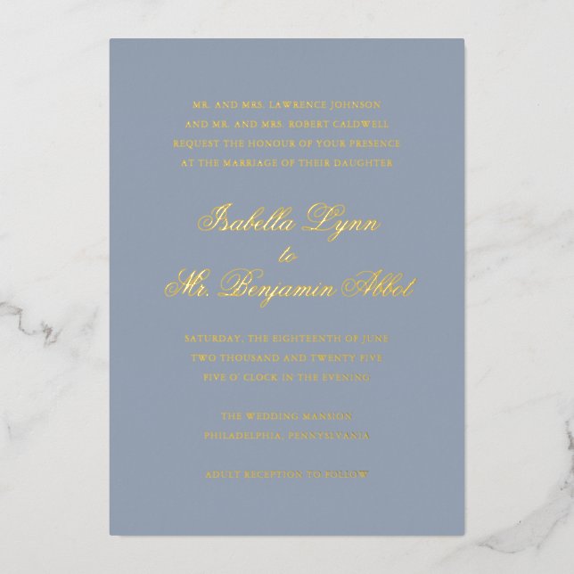 Traditional Dusty Blue Formal Elegant Wedding Foil Invitation (Front)