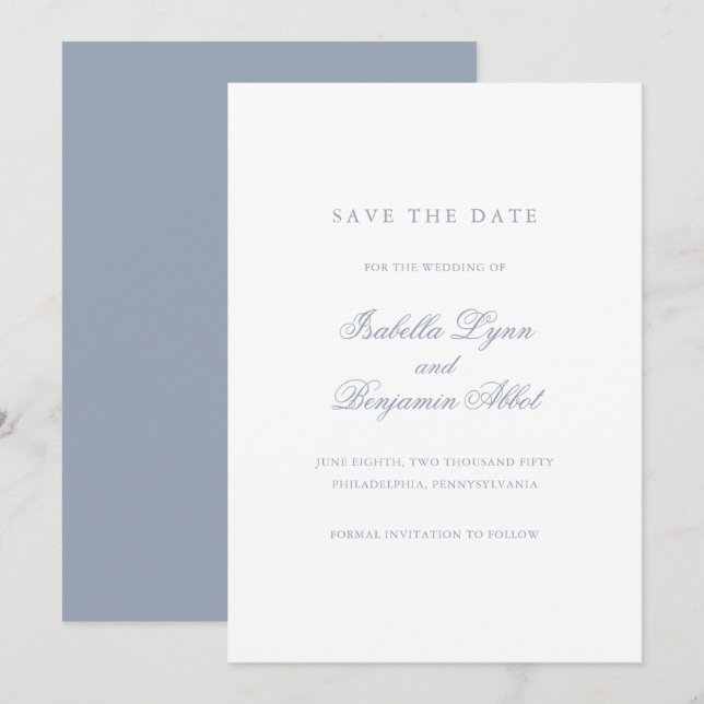 Traditional Dusty Blue Formal Elegant Wedding Save The Date (Front/Back)