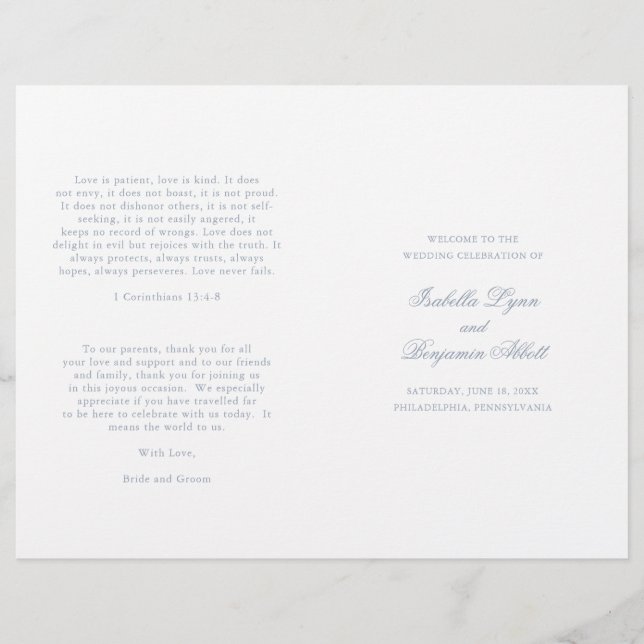 Traditional Dusty Blue Formal Wedding Program (Front)