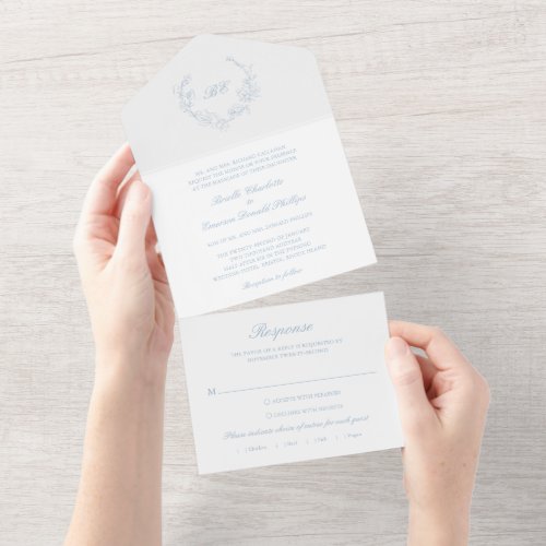 Traditional Dusty Blue Monogram Elegant Wedding All In One Invitation