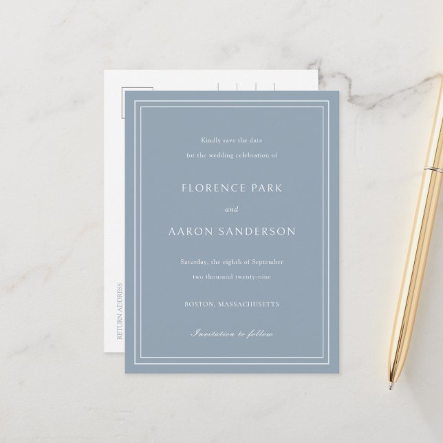 Traditional Dusty Blue Photo Wedding Save the Date Announcement Postcard (Front/Back In Situ)