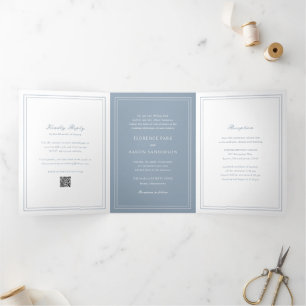Traditional Dusty Blue QR Code Timeless Wedding Tri-Fold Invitation