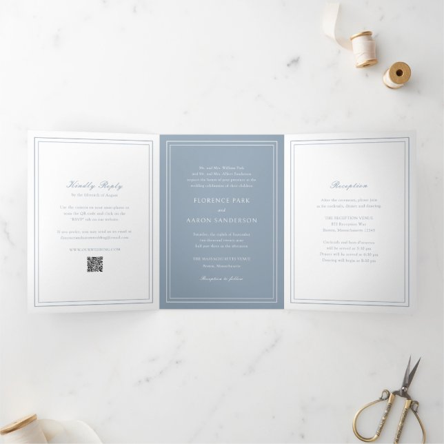 Traditional Dusty Blue QR Code Timeless Wedding Tri-Fold Invitation (Inside)