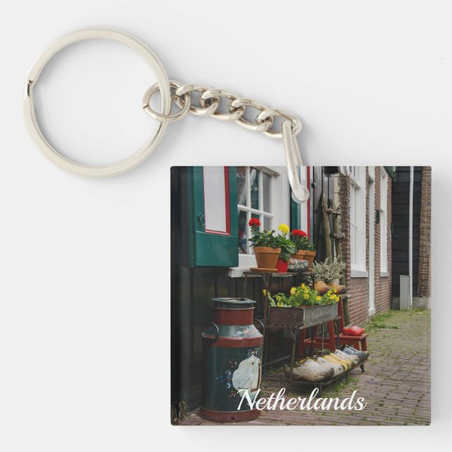 Traditional Dutch wooden shoes on street Keychain (Front)