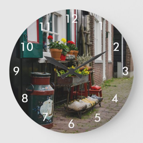Traditional Dutch wooden shoes on street Large Clock