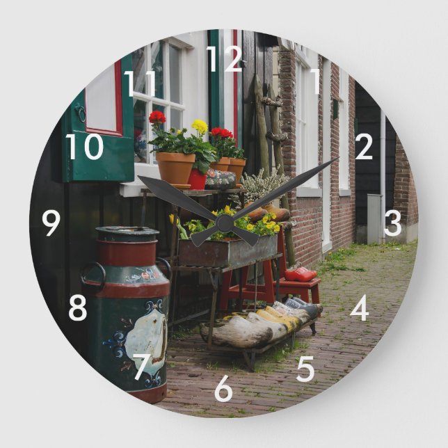 Traditional Dutch wooden shoes on street Large Clock (Front)