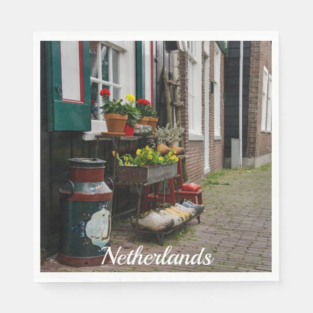 Traditional Dutch wooden shoes on street Napkins (Front)