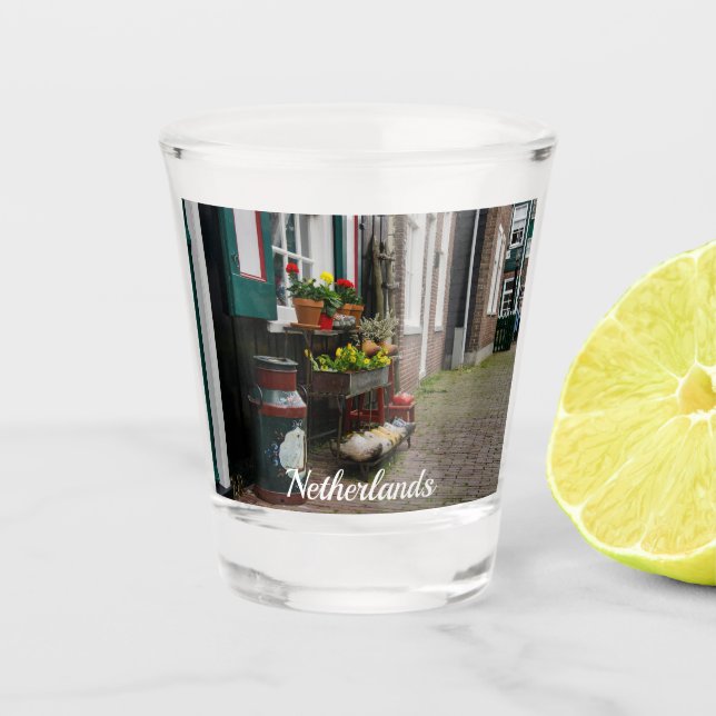 Traditional Dutch wooden shoes on street Shot Glass (Front)