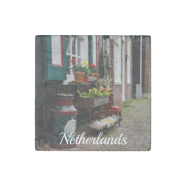 Traditional Dutch wooden shoes on street Stone Magnet (Front)