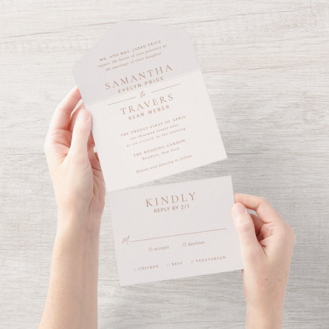 Traditional Earthy Neutral Elegant Wedding All In One Invitation (Tearaway)
