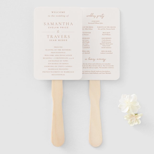 Traditional Earthy Neutral Elegant Wedding Program Hand Fan (Front and Back)