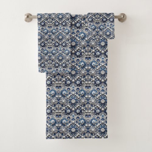 Traditional Elegance | Blue & White Morrocan Tiles Bath Towel Set