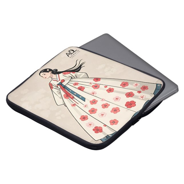Traditional Elegance: Woman in Floral Patterned Ha Laptop Sleeve (Front Top)