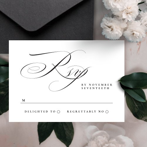 Traditional Elegant Calligraphy Black Tie Wedding RSVP Card