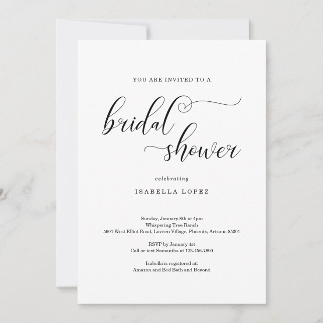 Traditional Elegant Calligraphy Bridal Shower Invitation (Front)