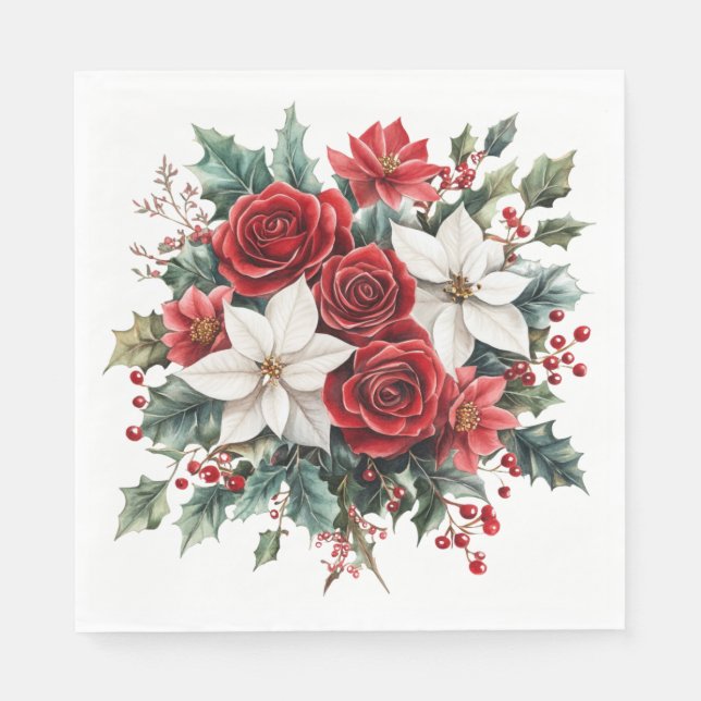 Traditional Elegant Christmas Poinsettia Lunch Napkins (Front)