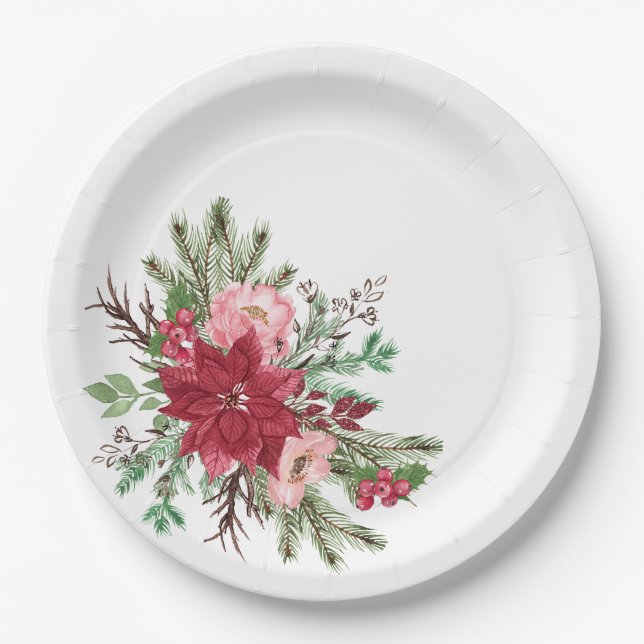 Traditional Elegant Christmas Poinsettia  Paper Plates (Front)
