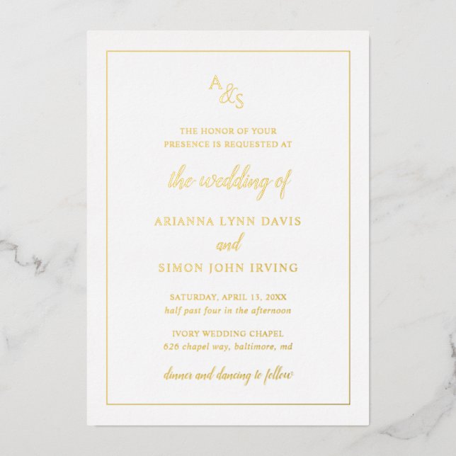 Traditional Elegant Formal Monogram Wedding Gold Foil Invitation (Front)