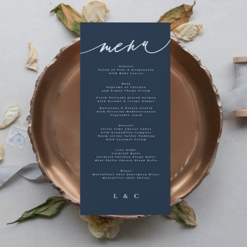 Traditional Elegant Navy Blue White Monogram Menu