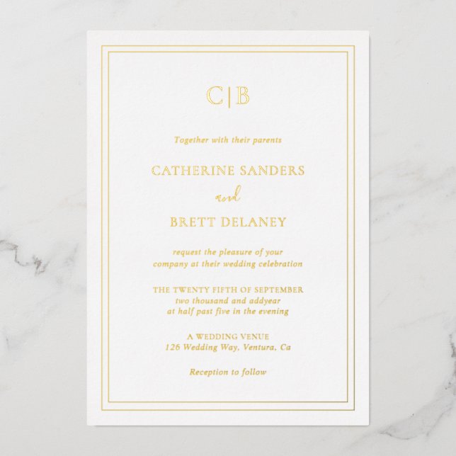 Traditional Elegant Simple Monogram Wedding Gold Foil Invitation (Front)