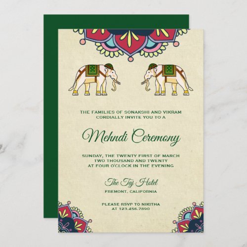 Traditional Elephants Indian Henna Mehndi Ceremony Invitation