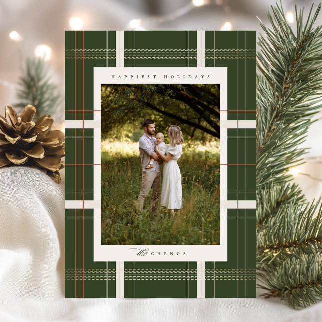 Traditional Elevated Plaid Cozy Cabin Forest Green Holiday Card (Creator Uploaded)