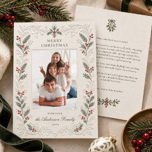 Traditional Embossed Style Winter Holly Photo Holiday Card