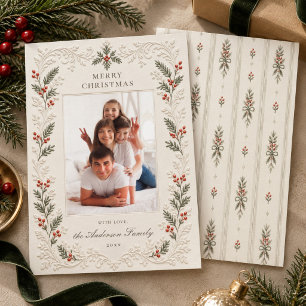 Traditional Embossed Winter Holly Ticking Stripe Holiday Card