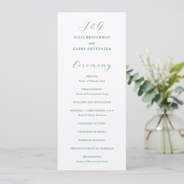 Traditional Emerald Green Elegant Wedding Program (Standing Front)