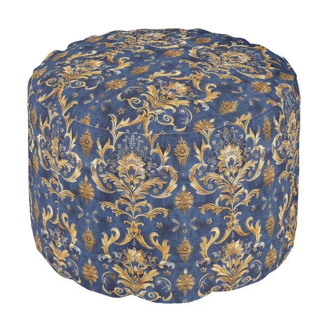 Traditional Ethnic Blue Gold Indian Rug Pattern Pouf (Angled Back)