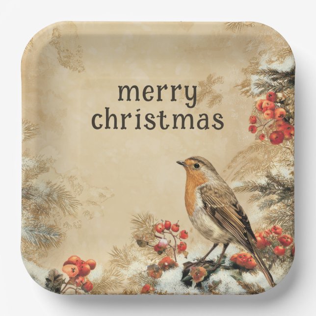 Traditional European Robin Christmas Holiday Paper Plates (Front)