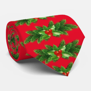 Traditional Evergreens and Holly Christmas Neck Tie
