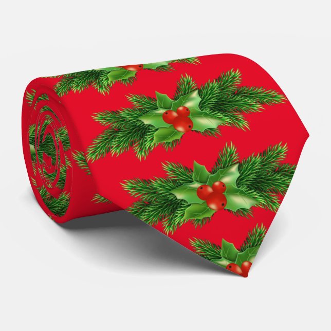 Traditional Evergreens and Holly Christmas Neck Tie (Rolled)