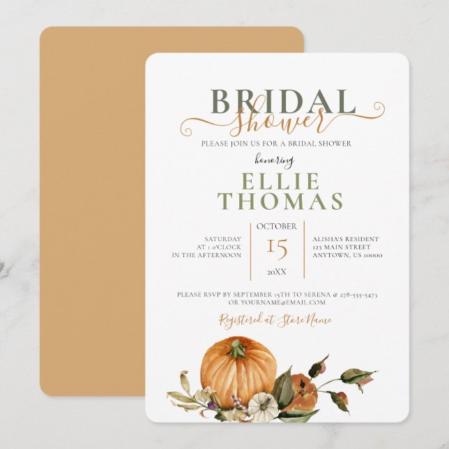 Traditional Fall Pumpkin Wedding Bridal Shower Invitation (Front/Back)