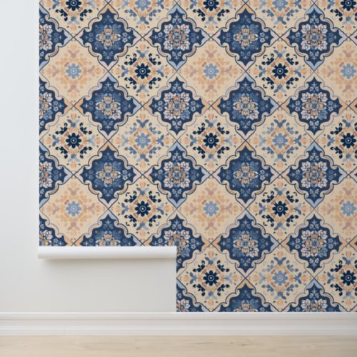 Traditional Farmhouse Tile Blue Peach Geometric Wallpaper