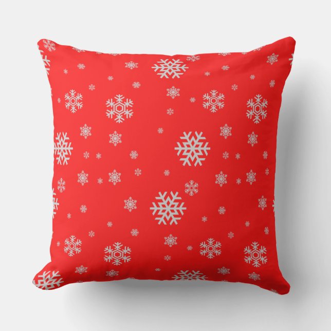 Traditional festive red pattern white snowflakes throw pillow (Front)