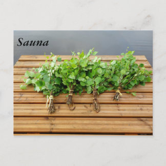 Traditional Finnish bath whisks on a jetty Postcard