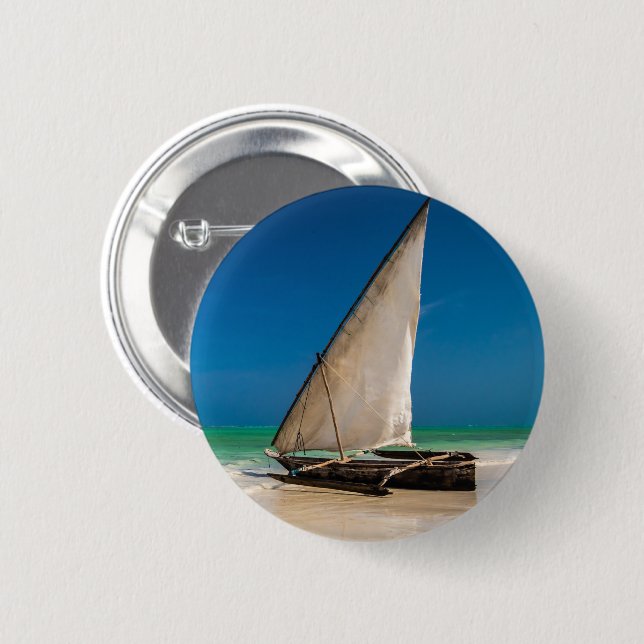 Traditional fishing boat on the beach button (Front & Back)