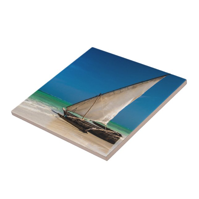 Traditional fishing boat on the beach ceramic tile (Side)