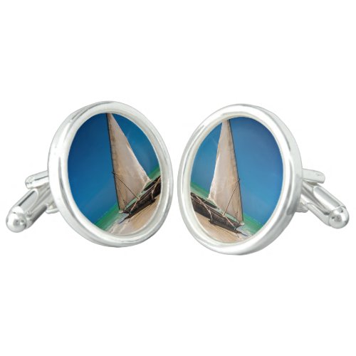 Traditional fishing boat on the beach cufflinks
