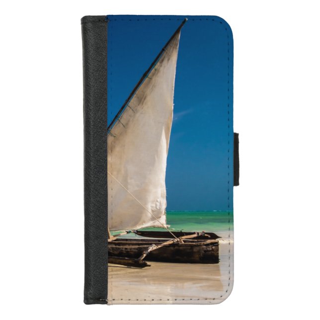 Traditional fishing boat on the beach iPhone wallet case (Front)