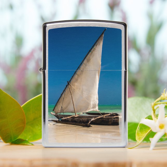 Traditional fishing boat on the beach zippo lighter (On Table)