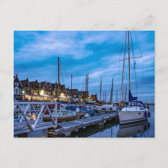 Traditional fishing town night scene postcard (Front)
