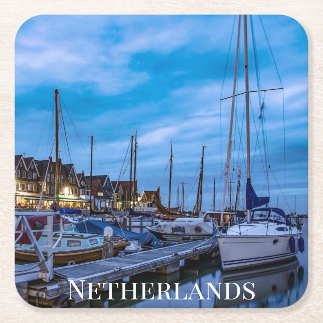 Traditional fishing town night scene. square paper coaster (Front)