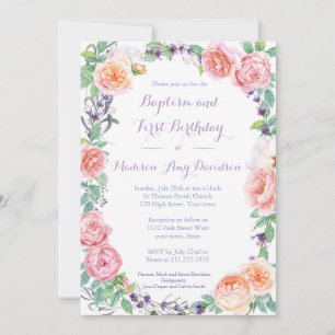 Traditional floral Baptism & Birthday Party Invite