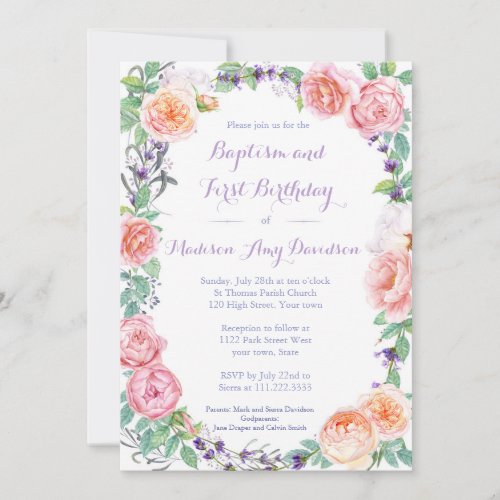 Traditional floral Baptism  Birthday Party Invite