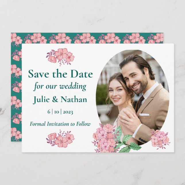 Traditional Floral Design Flat Save The Date Card (Front/Back)