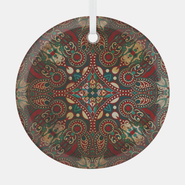 Traditional Floral Paisley Bandanna Grunge Glass Ornament (Front)